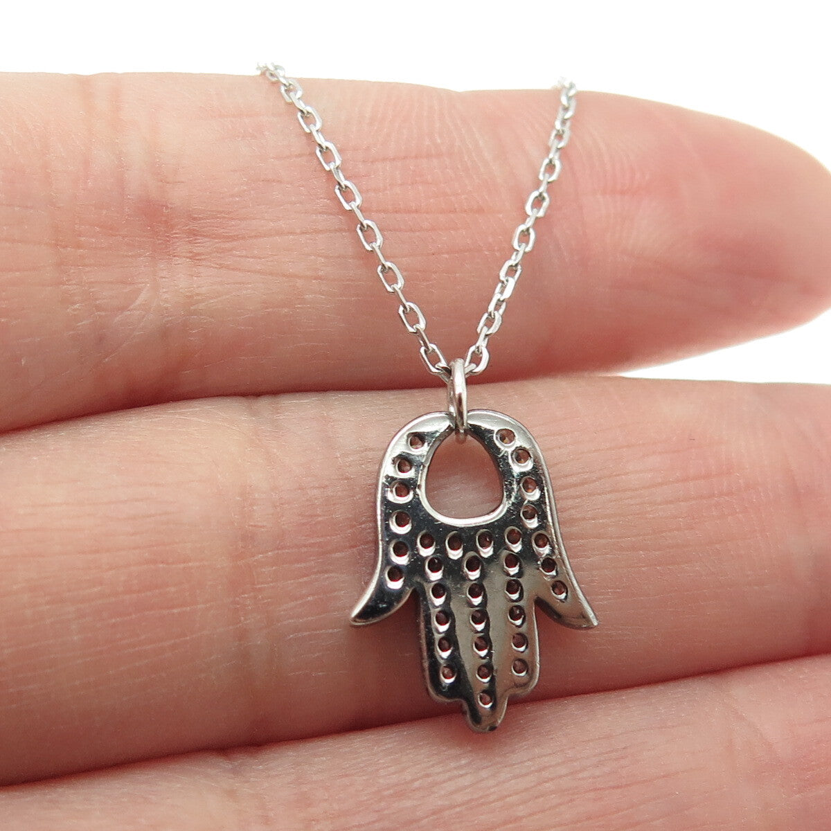 925 Sterling Silver Round-Cut C Z Hamsa Amulet Cable Chain Necklace 16-18"