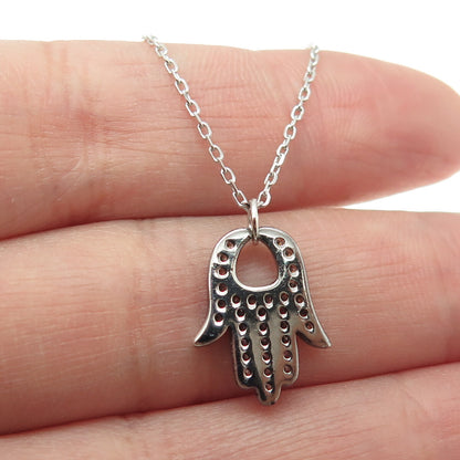 925 Sterling Silver Round-Cut C Z Hamsa Amulet Cable Chain Necklace 16-18"