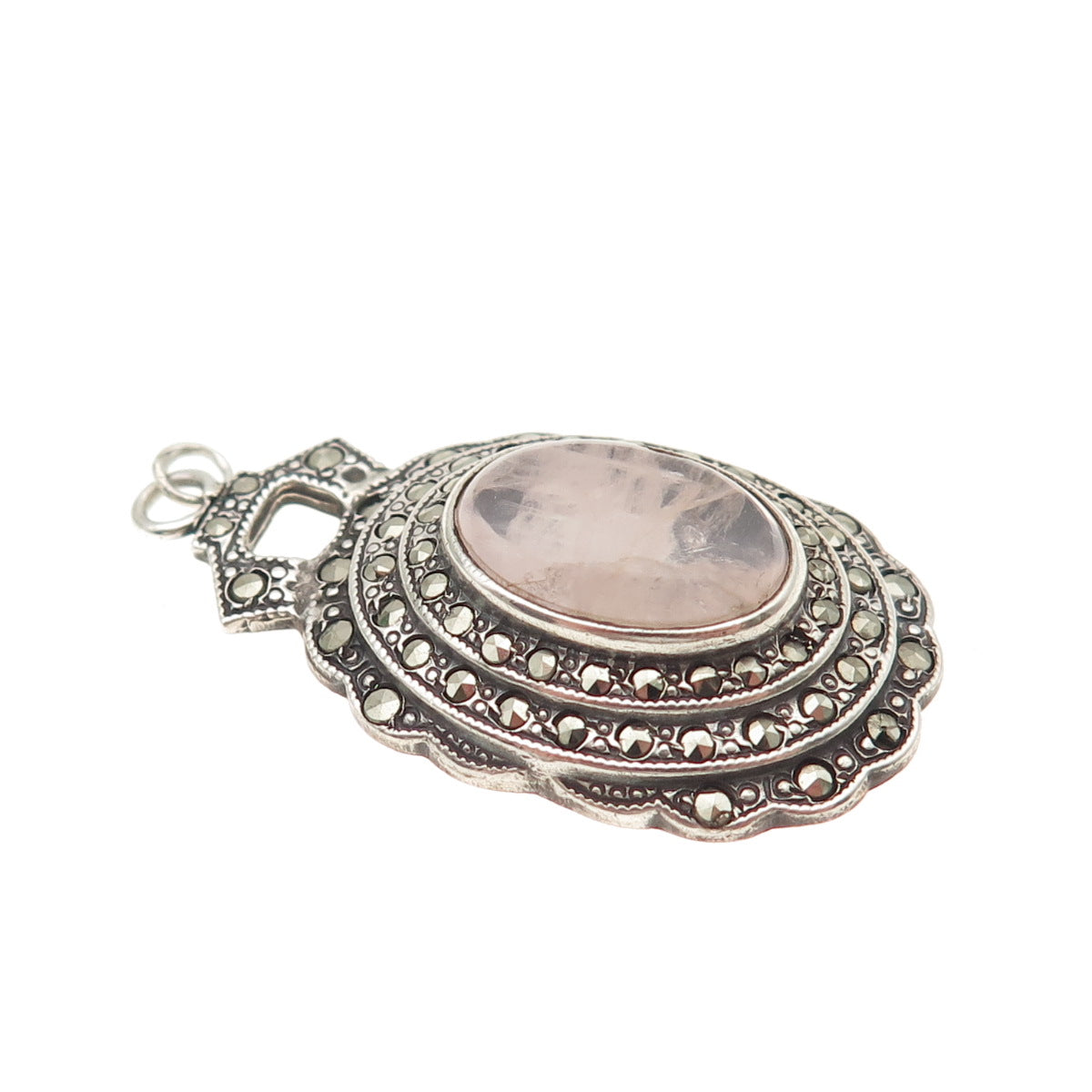 925 Sterling Silver Antique Art Deco Real Rose Quartz & Marcasite Charm Pendant