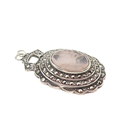 925 Sterling Silver Antique Art Deco Real Rose Quartz & Marcasite Charm Pendant