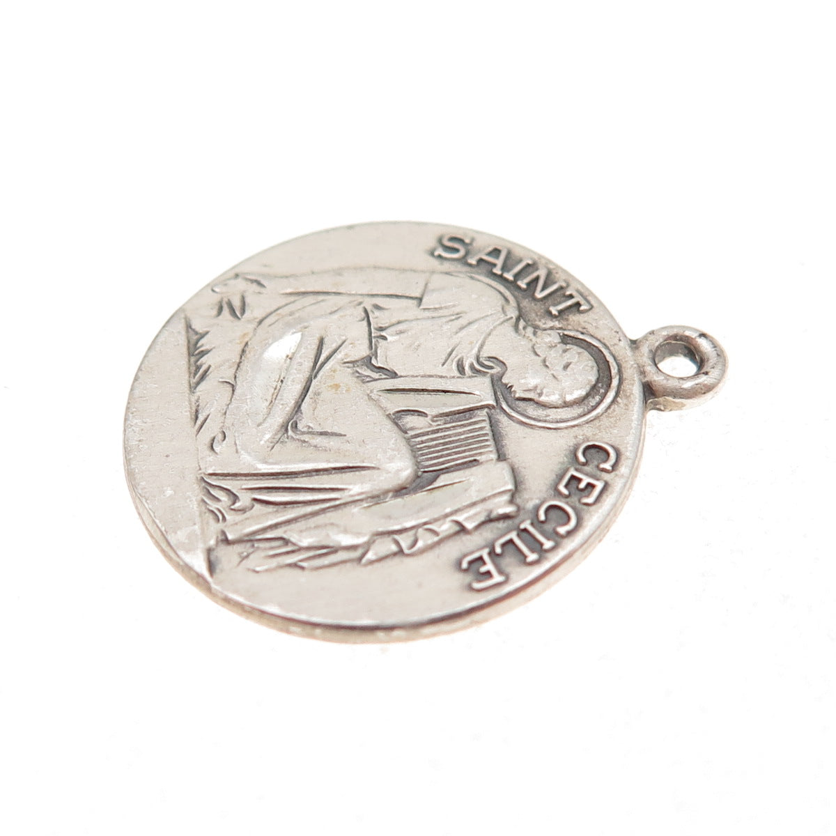 925 Sterling Silver Vintage Saint Cecilia Medal Oxidized Charm Pendant