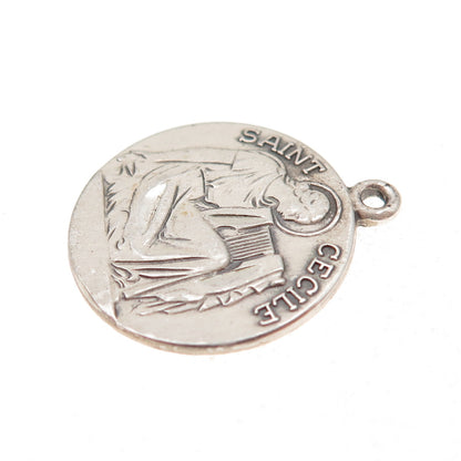925 Sterling Silver Vintage Saint Cecilia Medal Oxidized Charm Pendant