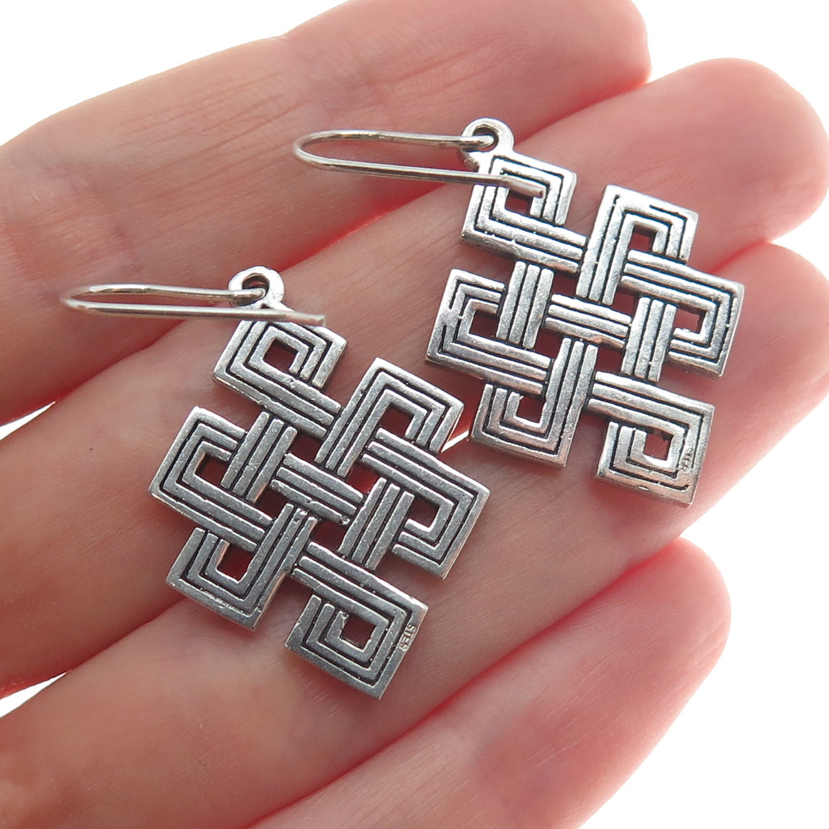 925 Sterling Silver Vintage Endless Knot Dangle Hook Earrings