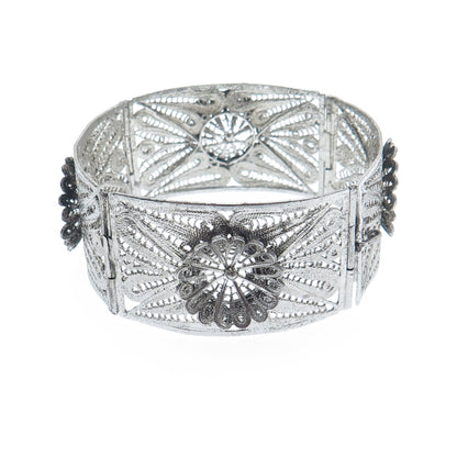 925 Sterling Silver Vintage Mexico Flower Filigree Panel Link Bracelet 7.25"