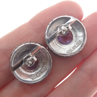 FADI Sterling Silver 2-Tone Vintage Real Amethyst Modernist Oxidized Earrings