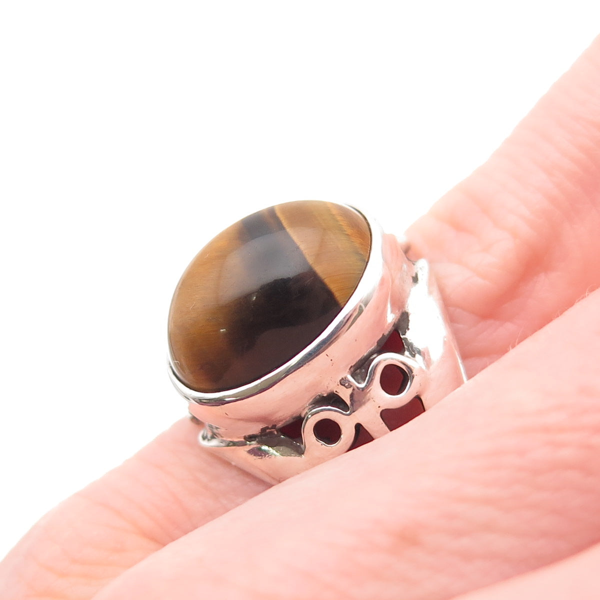 925 Sterling Silver Vintage Real Tiger Eye Modernist Ring Size 4.5