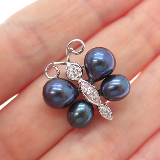 925 Sterling Silver Real Tahitian Pearl & C Z Butterfly Pin Brooch
