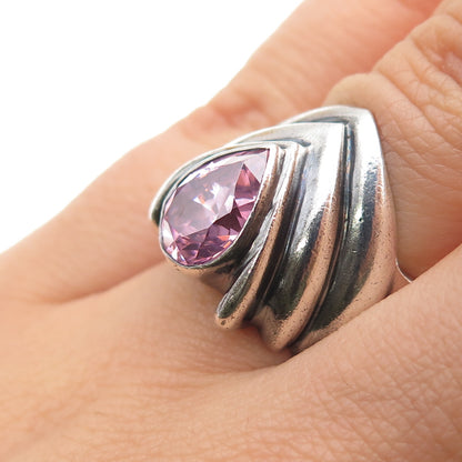 925 Sterling Silver Vintage Pear-Cut Pink C Z Modernist Oxidized Ring Size 5.75