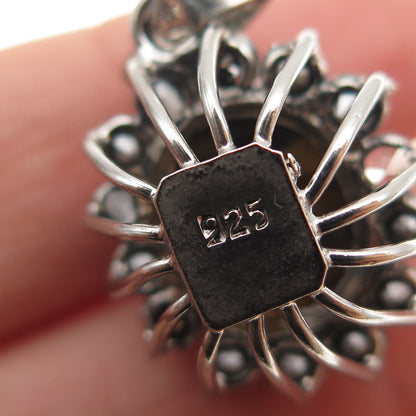 925 Sterling Silver Vintage Real Tiger Eye & Rhinestone Oxidized Charm Pendant