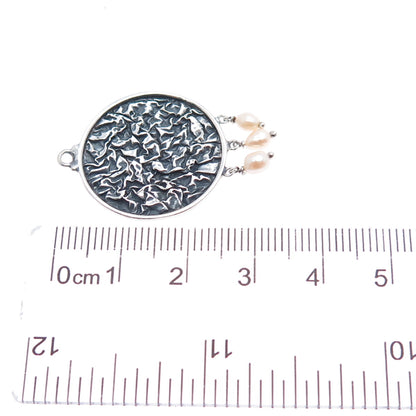 925 Sterling Silver Vintage Real Pearl Modernist Oxidized Charm Pendant