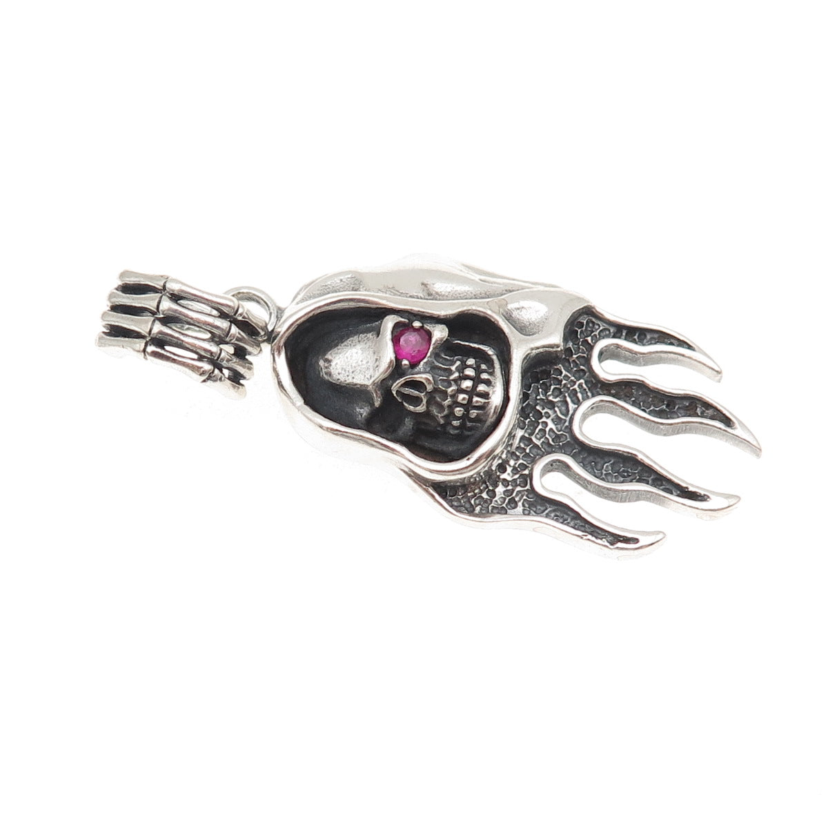 925 Sterling Silver Vintage Real Ruby Santa Muerte Oxidized Charm Pendant