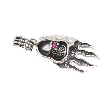 925 Sterling Silver Vintage Real Ruby Santa Muerte Oxidized Charm Pendant