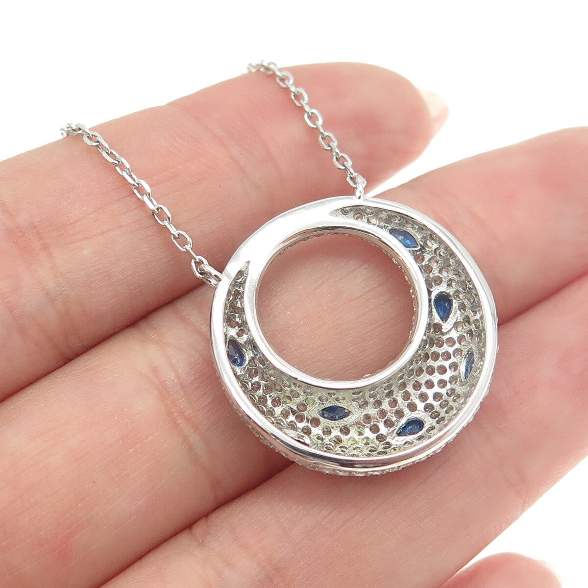 925 Sterling Silver Multi-Cut Blue & White C Z Crescent Chain Necklace 16-18"