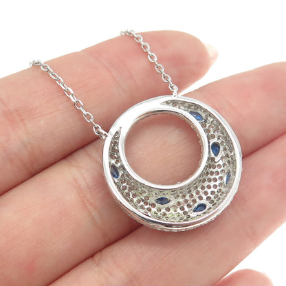 925 Sterling Silver Multi-Cut Blue & White C Z Crescent Chain Necklace 16-18"