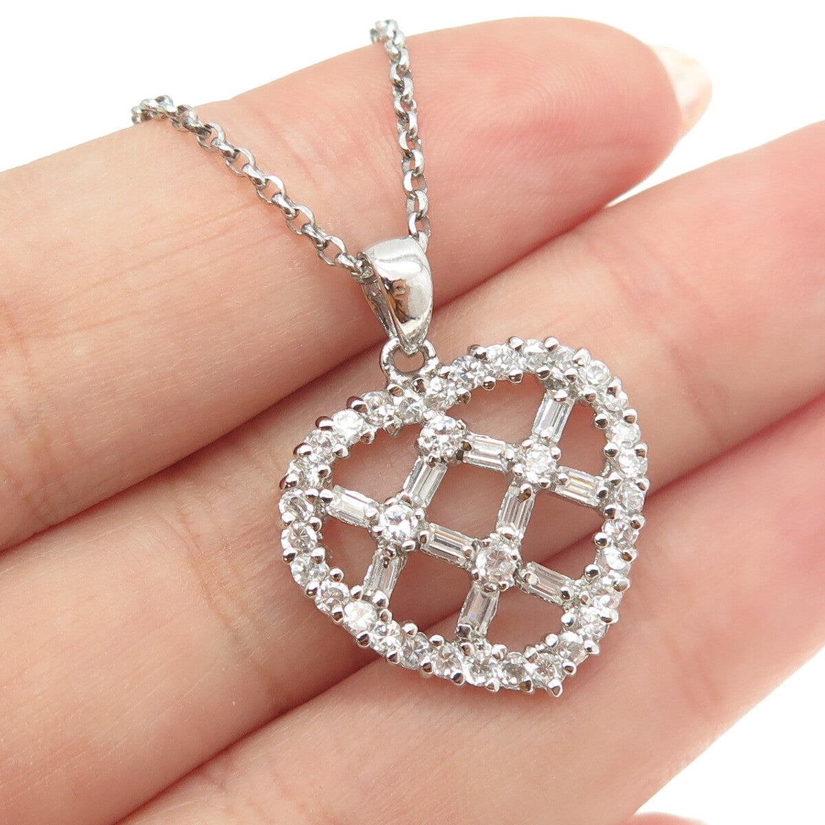 925 Sterling Silver Round & Baguette-Cut C Z Heart Cable Chain Necklace 16"