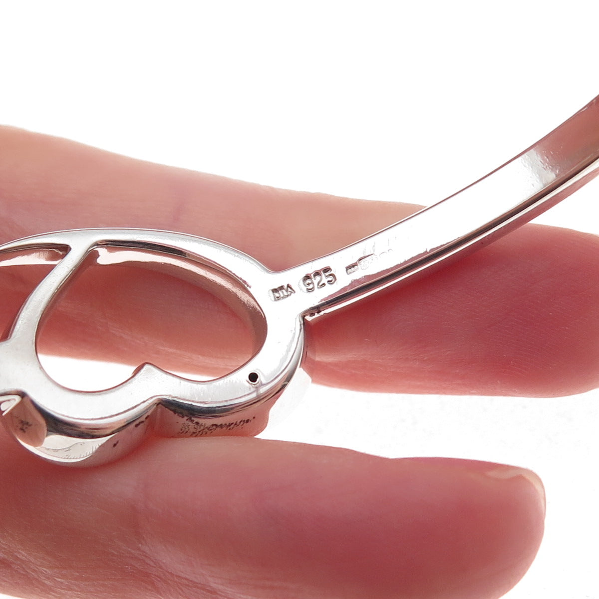 Dia 925 Sterling Silver Real Diamond Open Heart Bangle Bracelet 6.75"