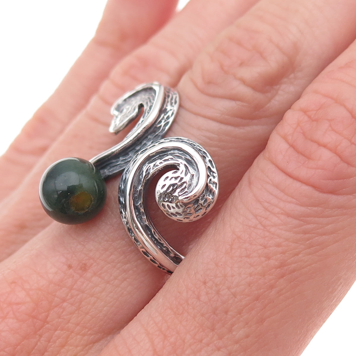 925 Sterling Silver Vintage Real Jade Modernist Adjustable Ring Size 7.5