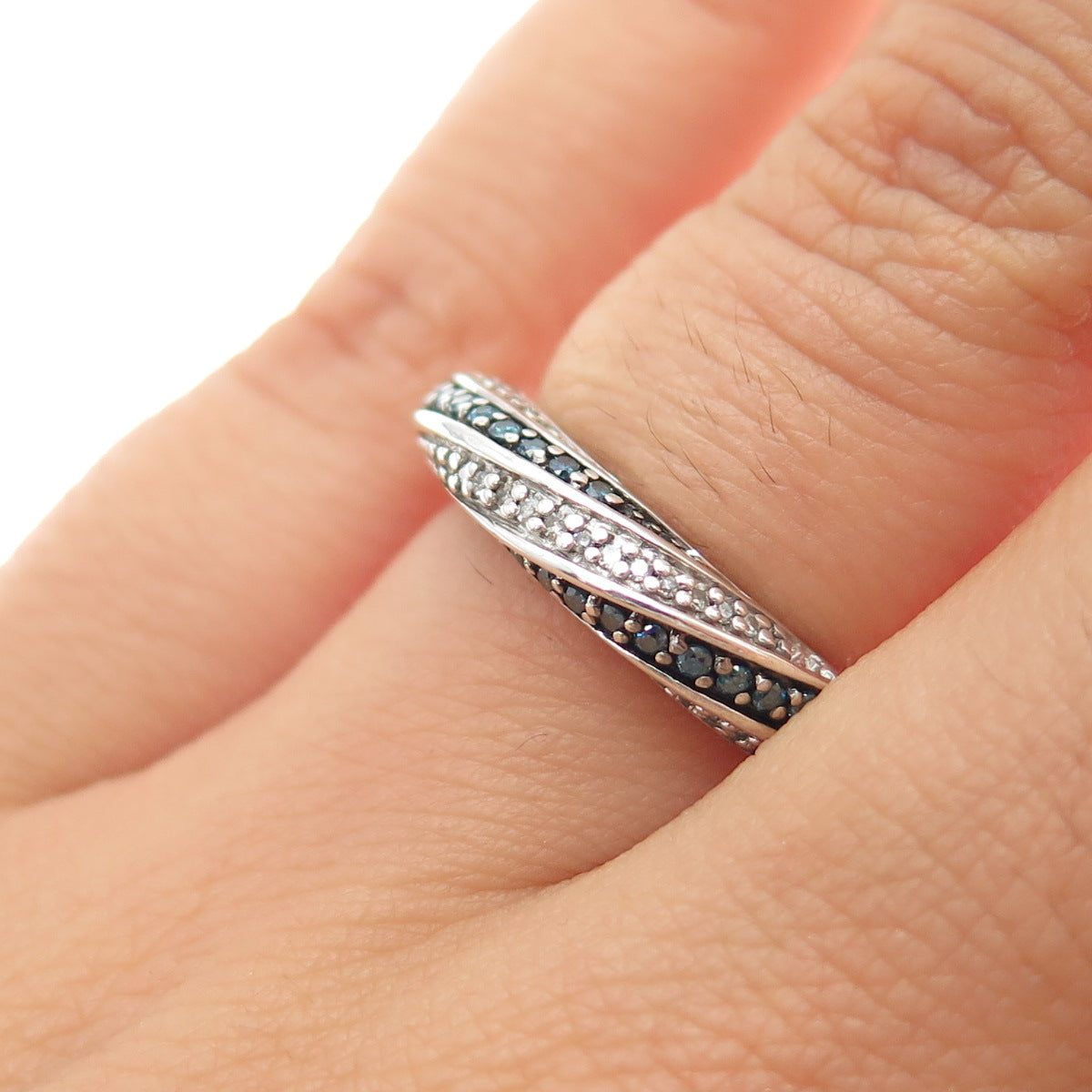JANE SEYMOUR 925 Sterling Silver Real Blue & White Diamond Ring Size 5.25