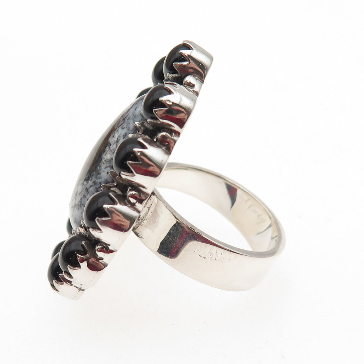 Krush Kandy Sterling Silver Vintage Real Moss Agate & Black Onyx Ring Size 8.5