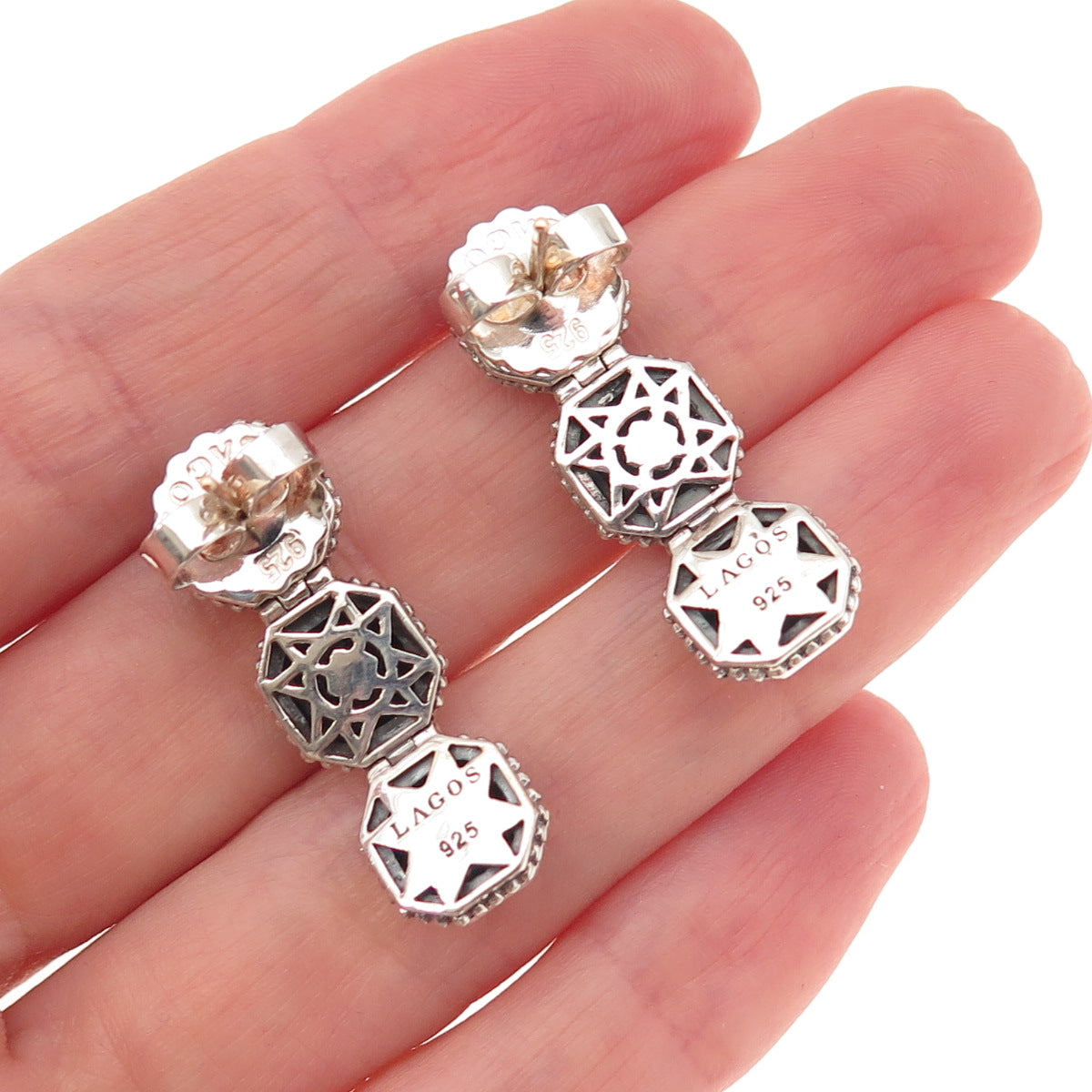 Lagos 925 Sterling Silver 14K Gold Posts Vintage Rocks Collection Drop Earrings