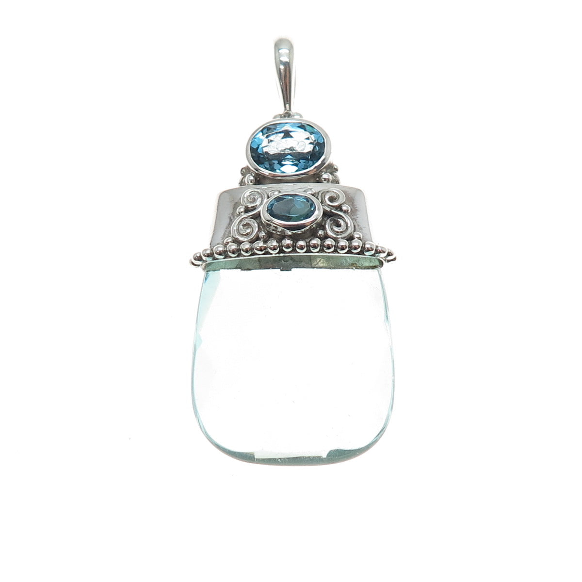 SAJEN 925 Sterling Silver Vintage Glass Real Blue Topaz Modernist Pendant