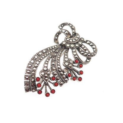 835 Silver Antique Art Deco Real Coral & Marcasite Pin Brooch (missing 3 stones)