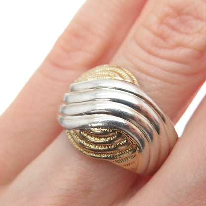 925 Sterling Silver 2-Tone Vintage Ribbed Modernist Ring Size 6