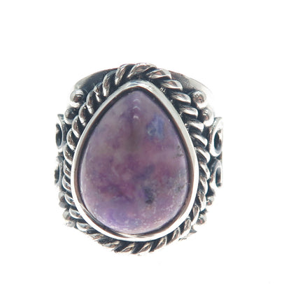 925 Sterling Silver Vintage Real Pear-Cut Sugilite Heart Oxidized Ring Size 8.5