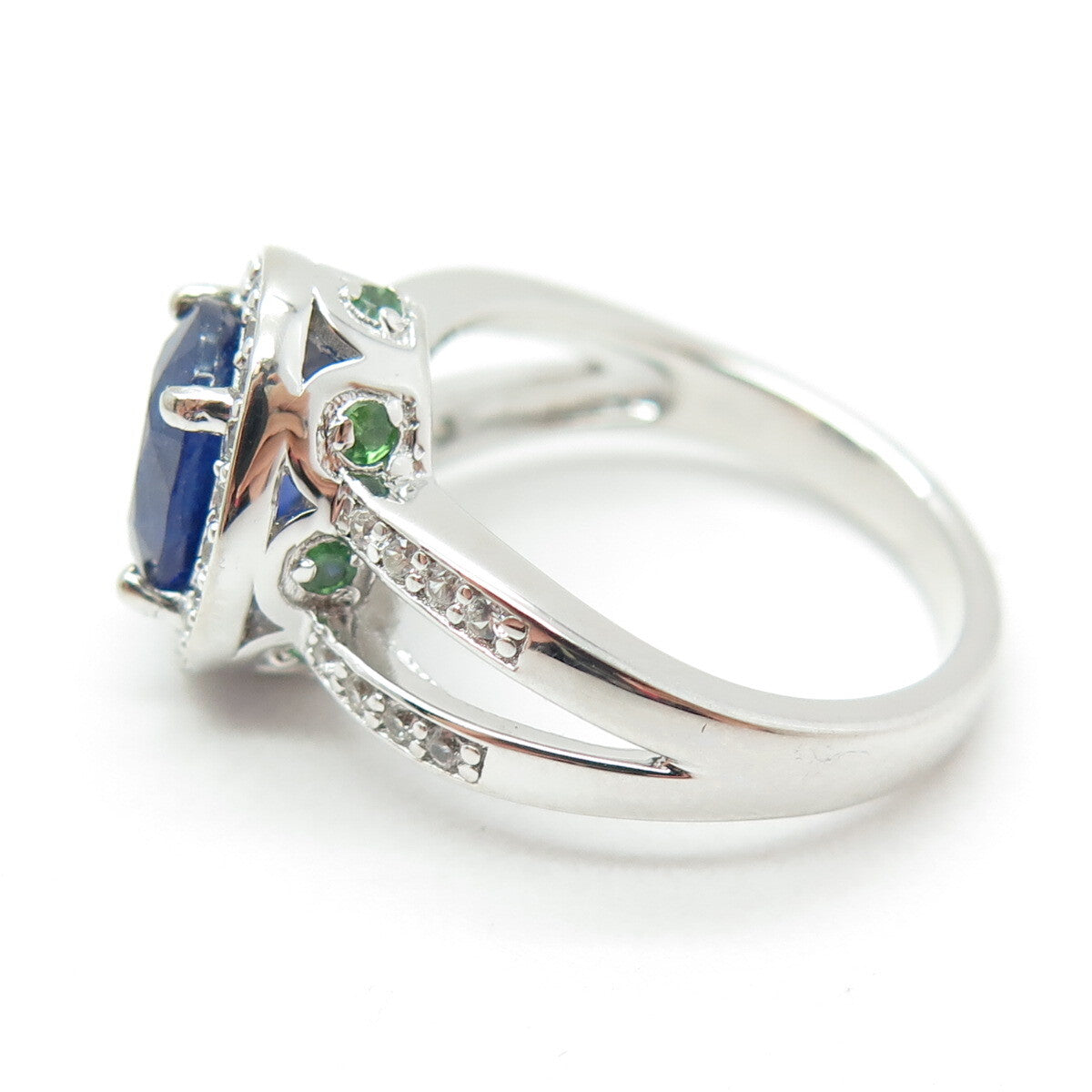 DSMK 925 Sterling Silver Sapphire White Topaz & Chrome Diopside Gem Ring Size 7