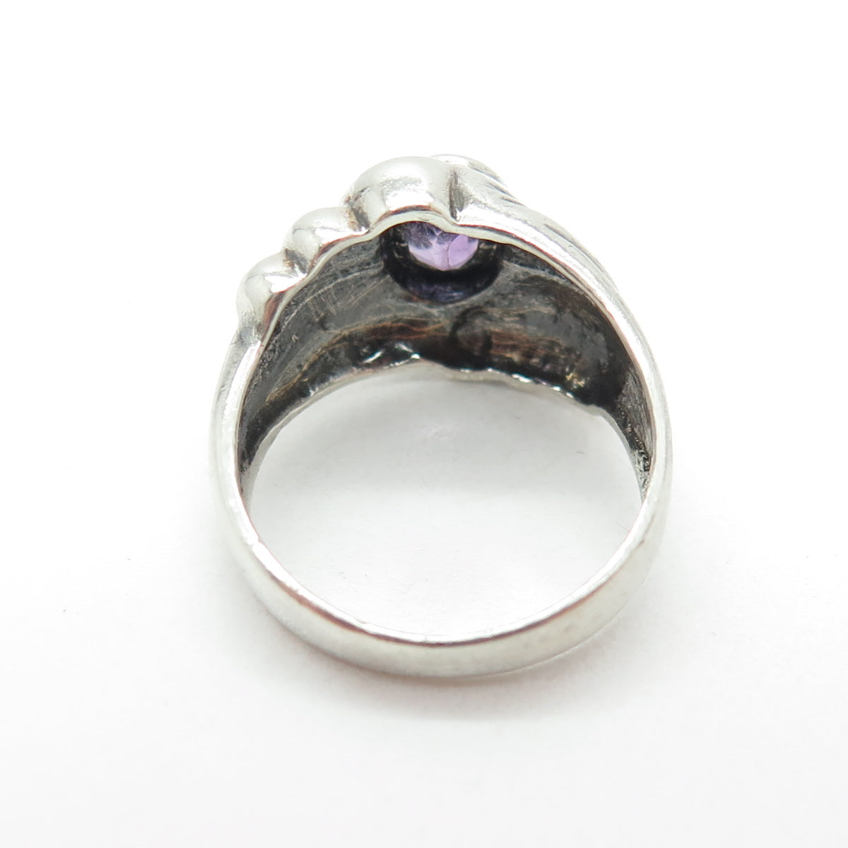 925 Sterling Silver Vintage Real Amethyst Gemstone Ribbed Ring Size 5.25