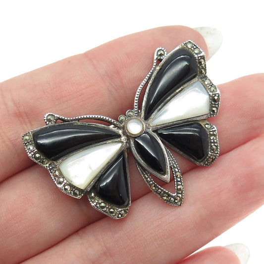 925 Sterling Silver Vintage Real Black Onyx Marcasite & MOP Butterfly Pin Brooch