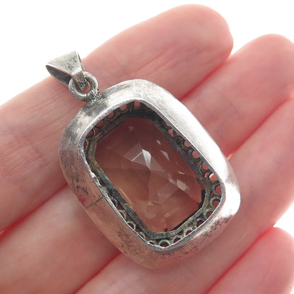 925 Sterling Silver Vintage Real Emerald-Cut Smoky Quartz Heart Link Pendant