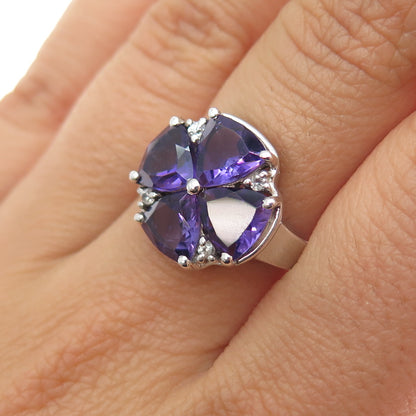 TGGC 925 Sterling Silver Real Amethyst & White Topaz Flower Ring Size 7.25