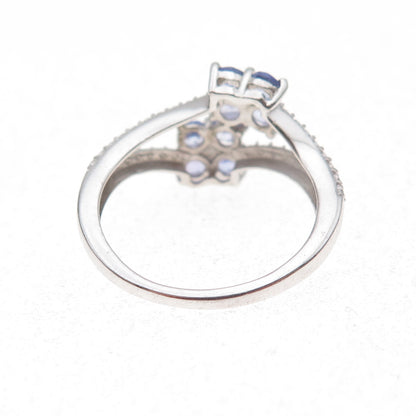 Chuck Clemency 925 Sterling Silver Real Round-Cut Tanzanite Floral Ring Size 7