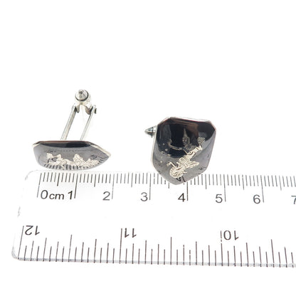 WILLY 925 Sterling Silver Antique Siam Niello Hindu Goddess Cufflinks