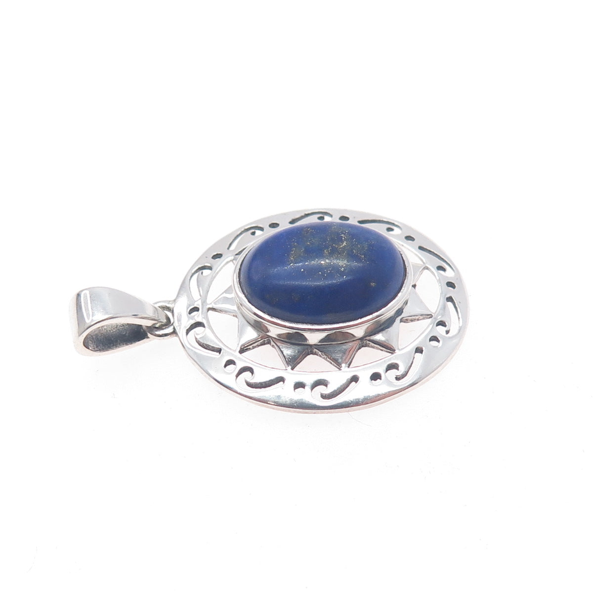 925 Sterling Silver Vintage Real Lapis Lazuli Ornate Sun Charm Pendant