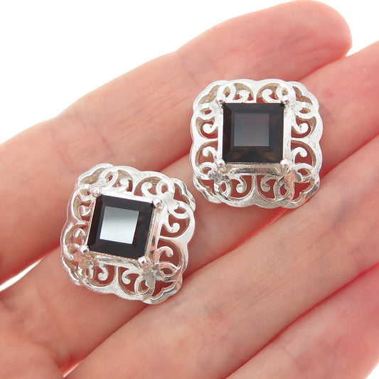 CLYDE DUNEIER CID 925 Sterling Silver Vintage Real Smoky Quartz Ornate Earrings