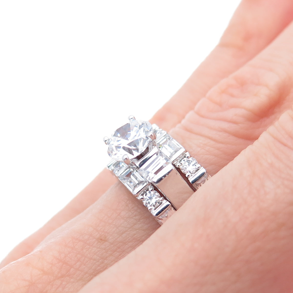 925 Sterling Round & Emerald-Cut C Z Engagement Interchangeable Ring Size 6.25