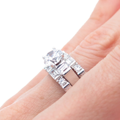 925 Sterling Round & Emerald-Cut C Z Engagement Interchangeable Ring Size 6.25