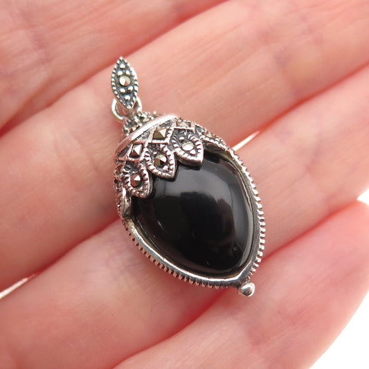 925 Sterling Silver Vintage Real Black Onyx MOP & Marcasite Dual Sided Pendant