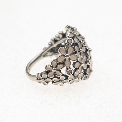 Pandora 925 Sterling Silver Enamel & C Z Darling Daisy Bouquet Ring Size 5.25