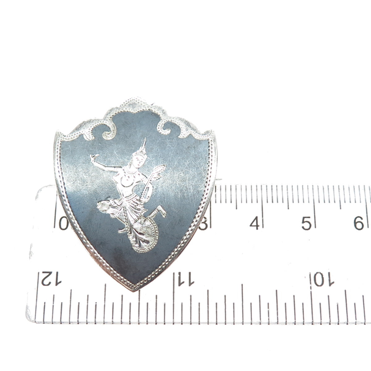 925 Sterling Silver Antique Siam Niello Hindu Goddess Pin Brooch