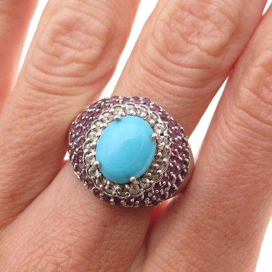Chuck Clemency 925 Sterling Silver Real Turquoise Amethyst Topaz Ring Size 8.25