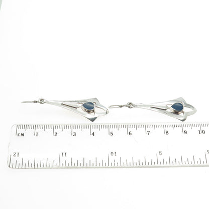 925 Sterling Silver Vintage Real Lapis Floral Dangling Earrings