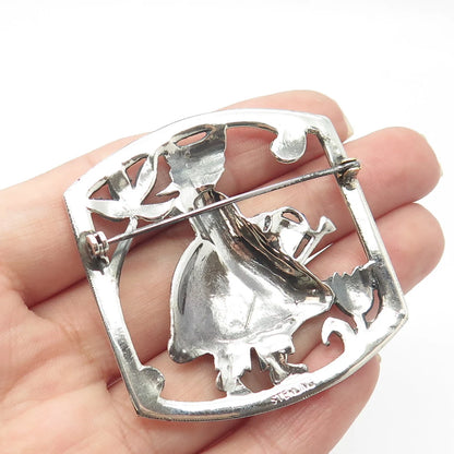 925 Sterling Silver Vintage Girl & Floral Pin Brooch