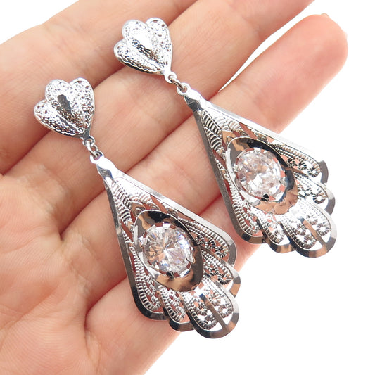 925 Sterling Silver Round-Cut C Z Filigree Dangle Earrings