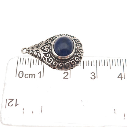925 Sterling Silver Vintage Real Sodalite Teardrop Oxidized Charm Pendant