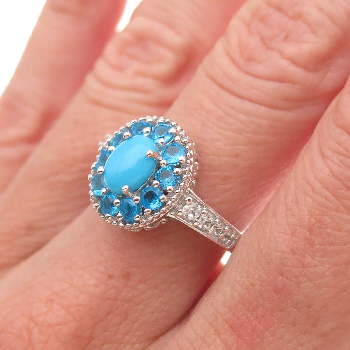 Chuck Clemency 925 Sterling Real Turquoise Apatite & White Topaz Ring Size 8