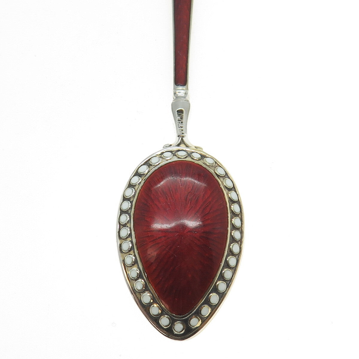 WATSON 925 Sterling Silver Vintage Red & White Guilloche Enamel Coffee Spoon
