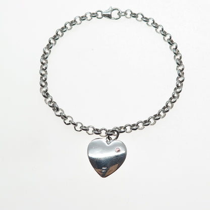 925 Sterling Silver Pink C Z Birthstone Sandy Heart Cable Link Bracelet 7.25"